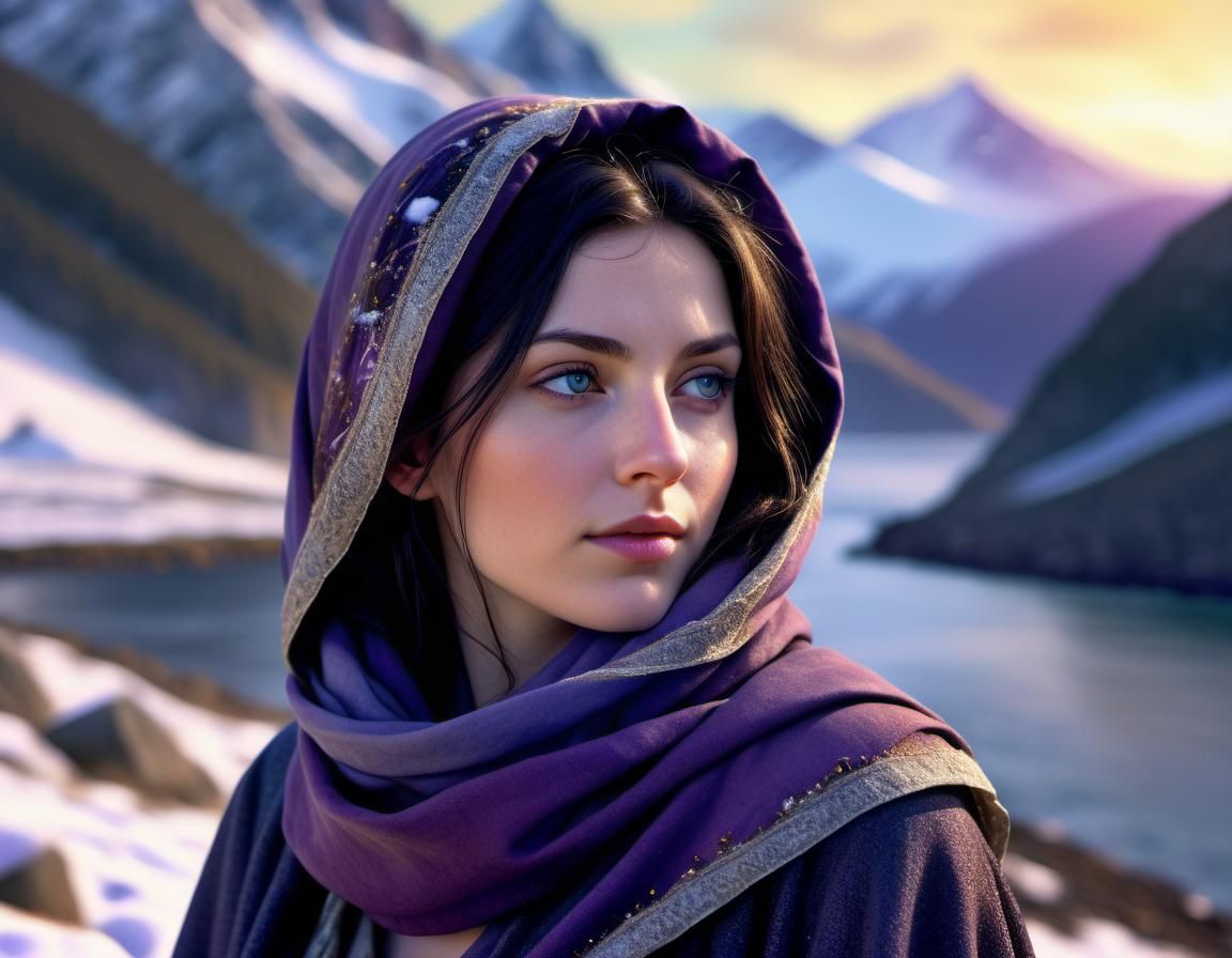 Beautiful Woman in Snowy Landscape at Sunset