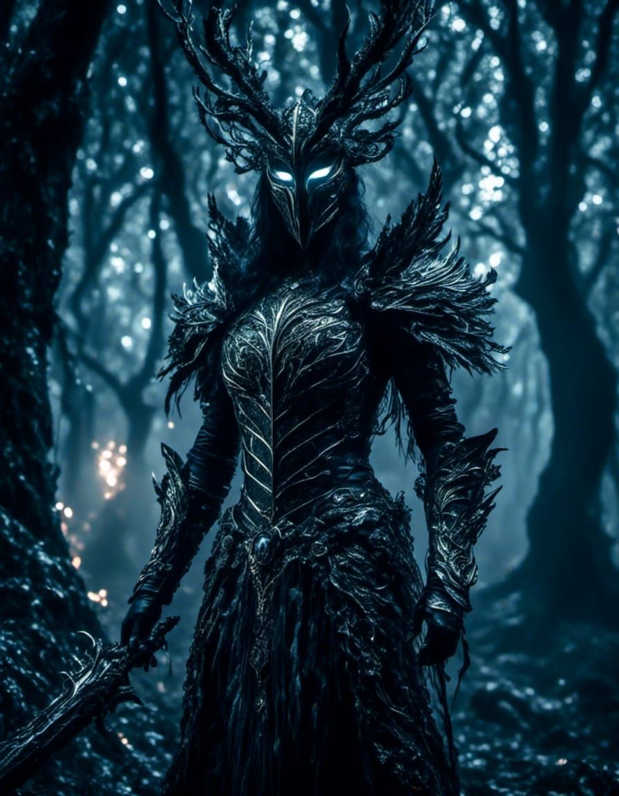 Epic Black Knight in Dark Forest