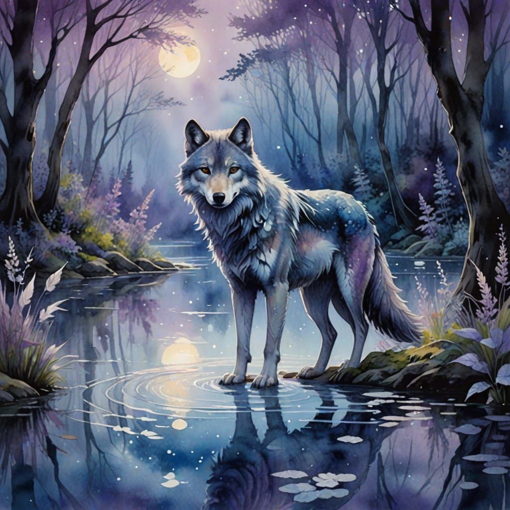 Wolf Amidst Lacy Lake in Whimsical Watercolor Fantasy
