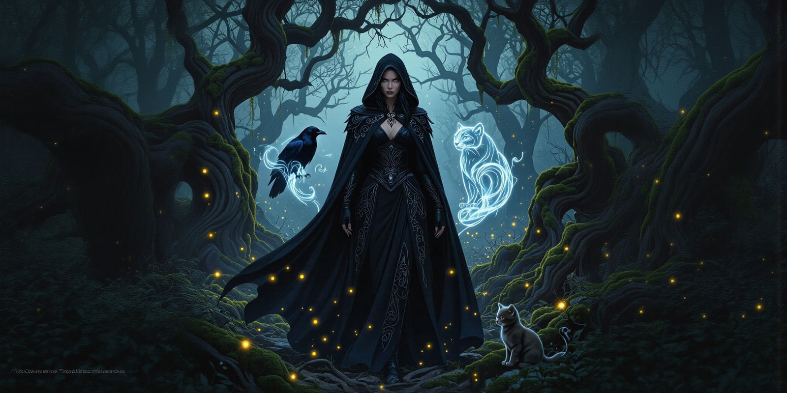 Raven in Mystical Forest, Hyperrealistic Style