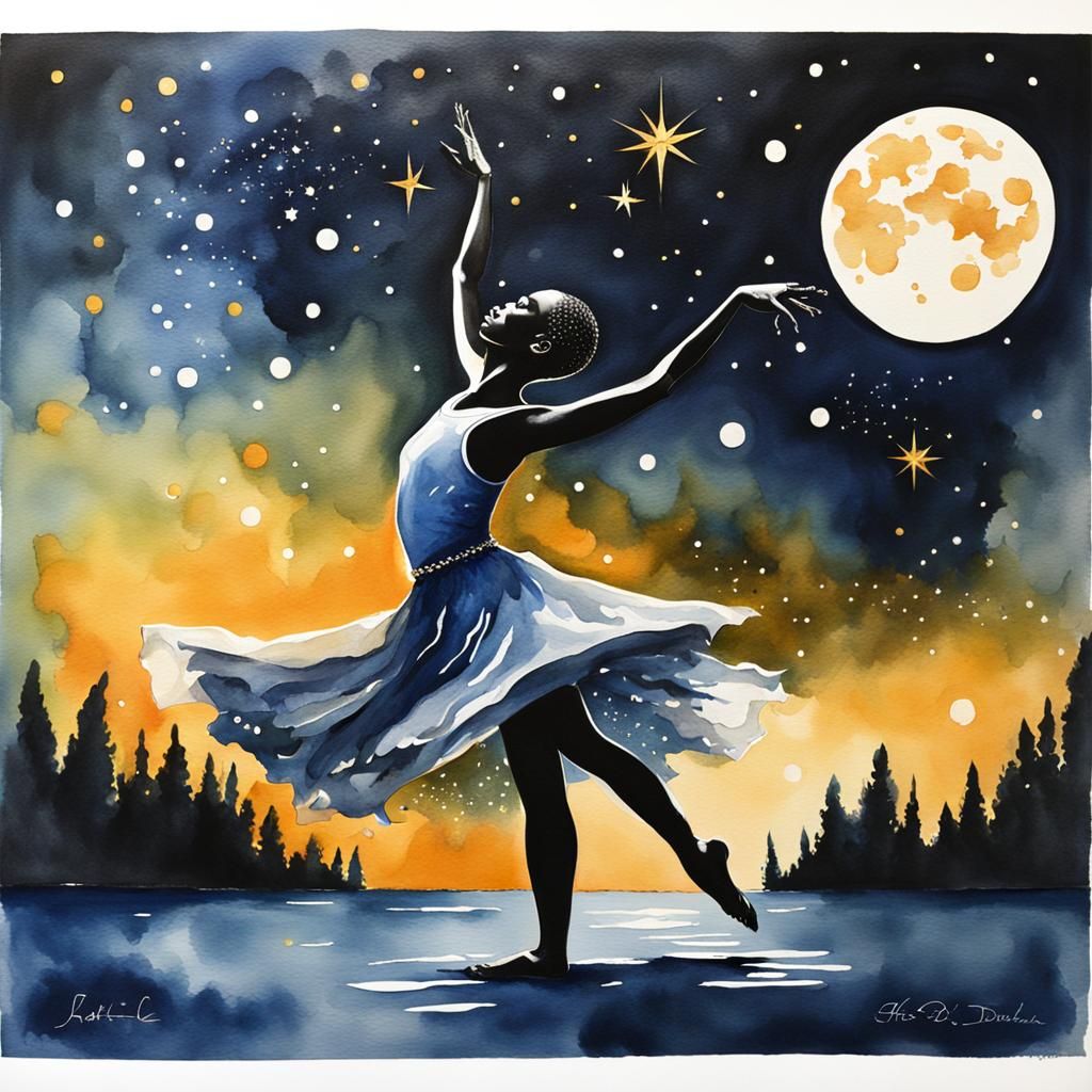 Watercolor Painting of a Dancer at Full Moon