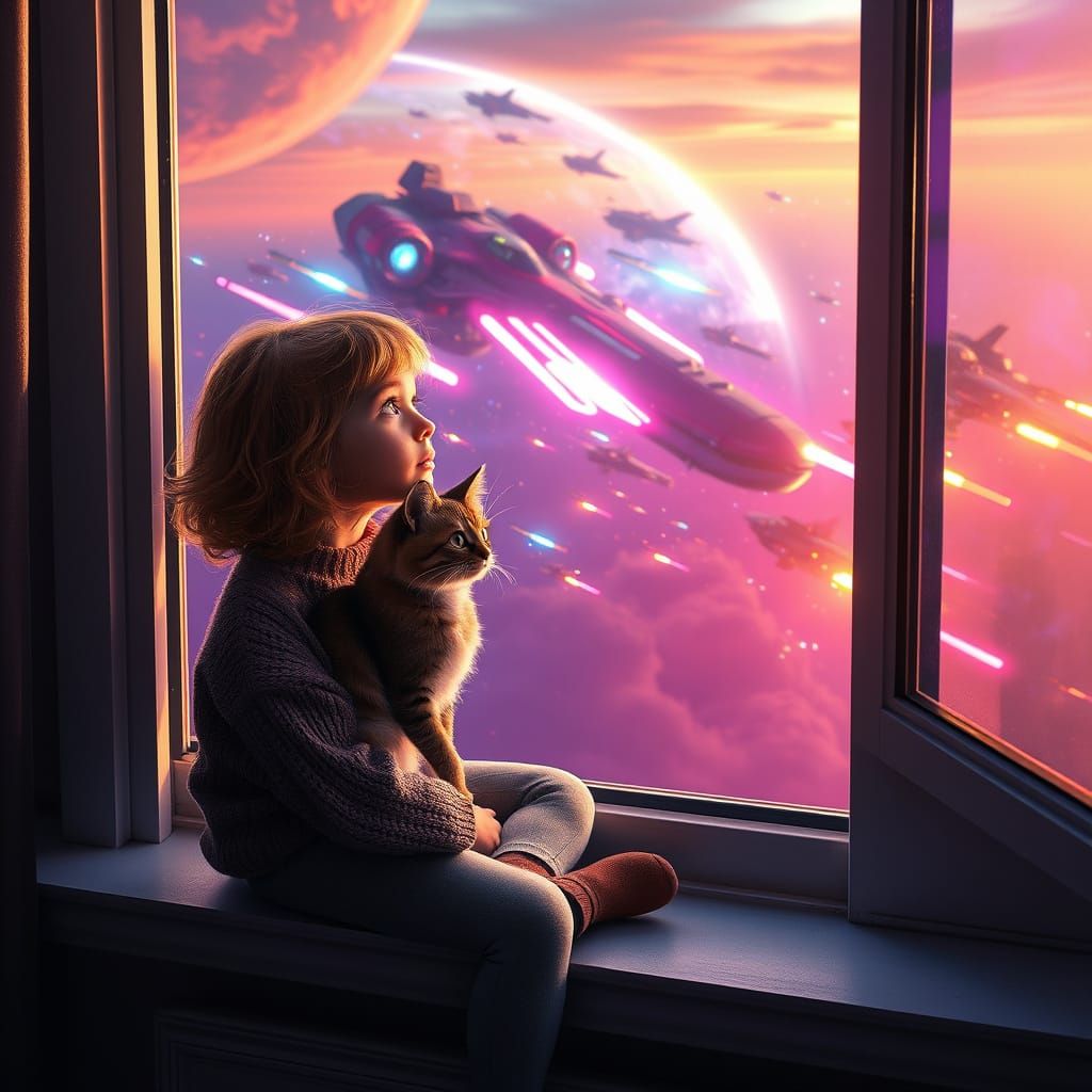 Girl Contemplates Cosmic Battle in Vibrant, Fantastical Land...