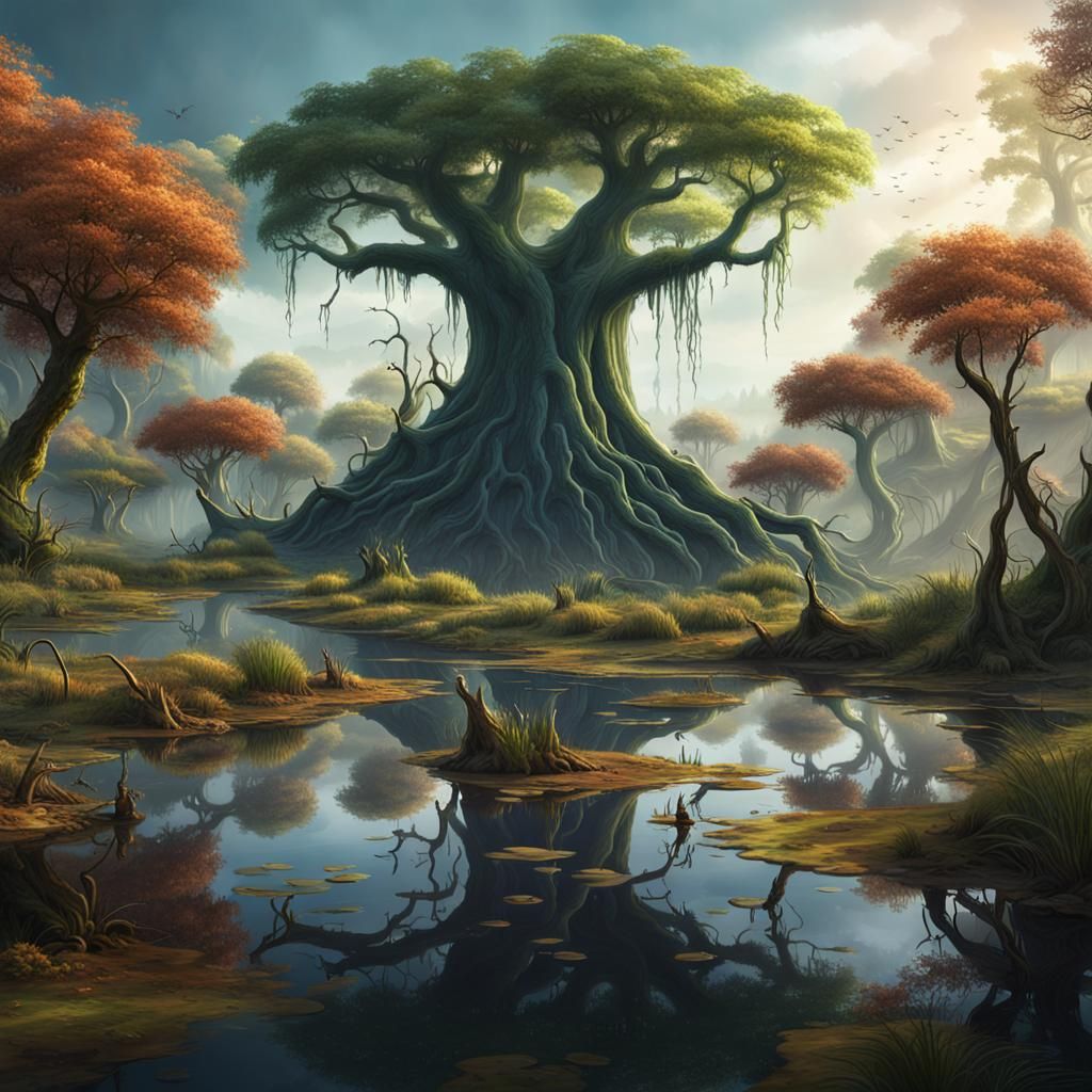 Swamp Landscape: Unique Tree in Detailed Matte Painting