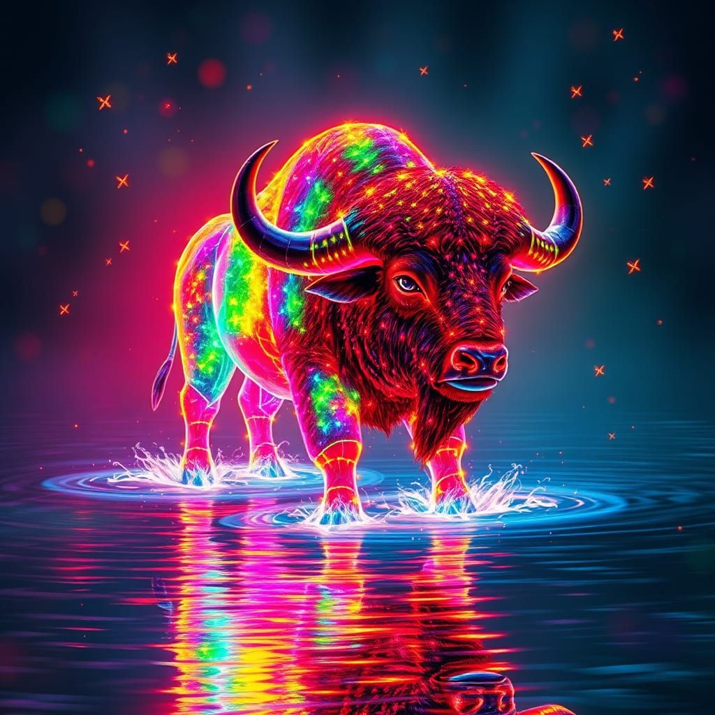 Luminescent Buffalo in River: Fantasy Airbrush Art