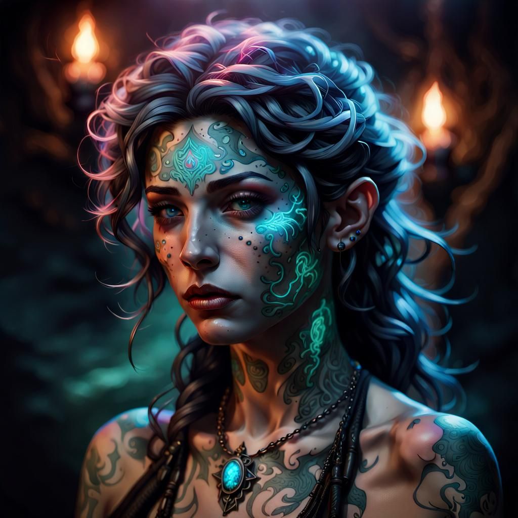 Neon Tattooed Adventurer in Dark Fantasy Style