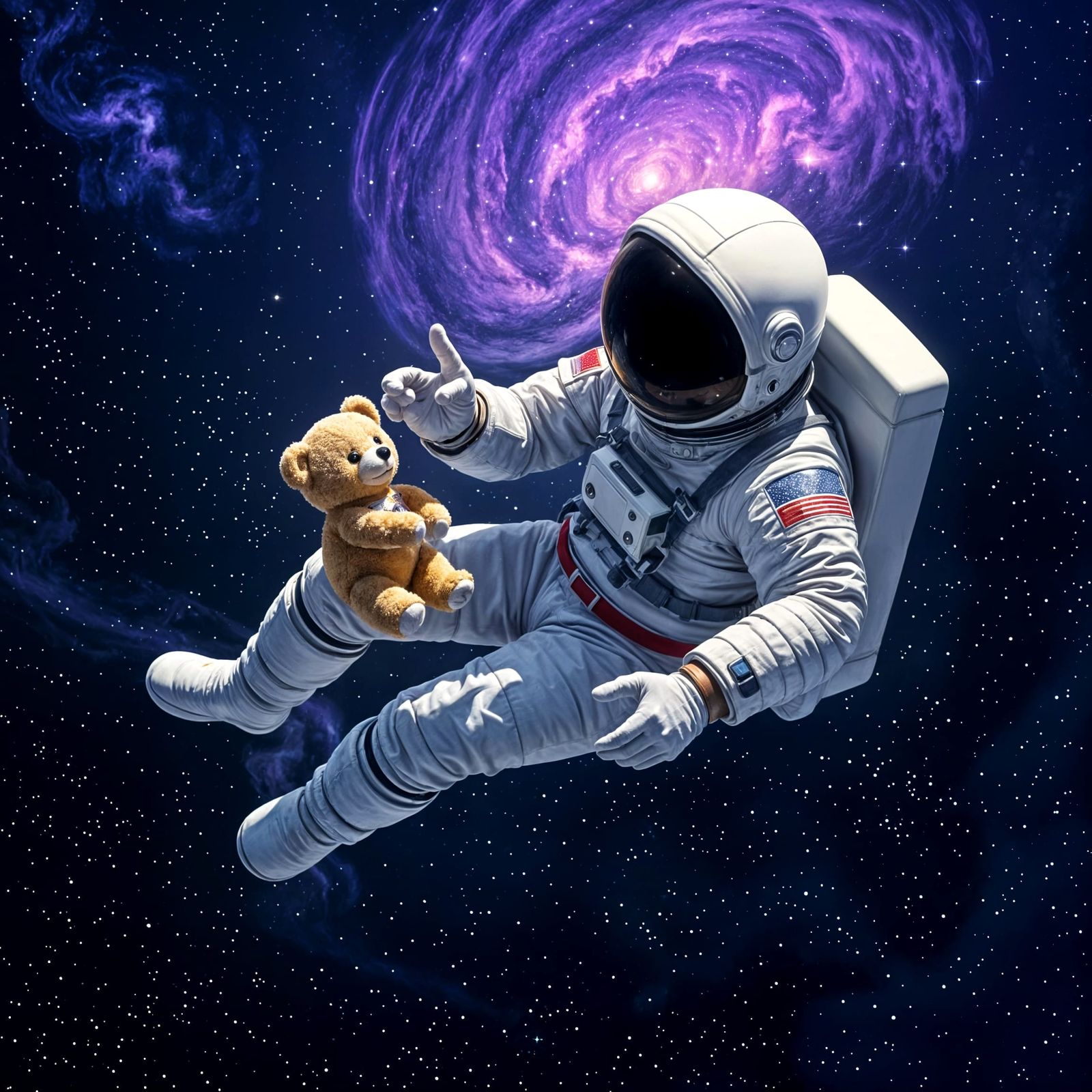 Astronaut Contemplates a Floating Teddy Bear in Cosmic Space