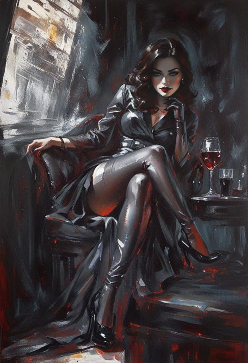 Mysterious Femme Fatale in Noir Acrylic Art