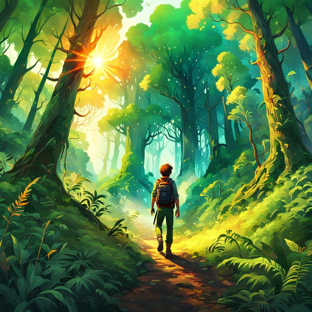 Young Adventurer in Mystical Forest: Oil Painting