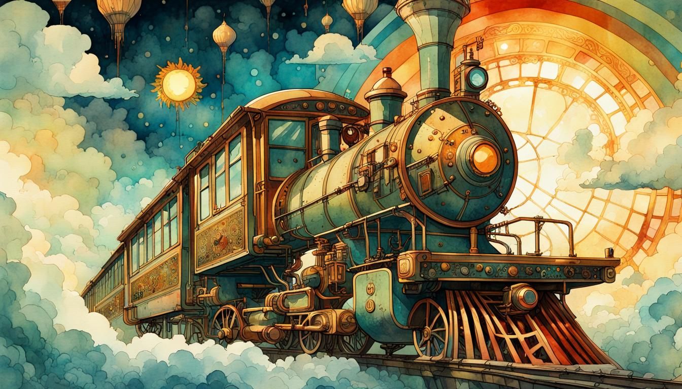 Steampunk Train with Rainbow Peace Flag in Watercolor