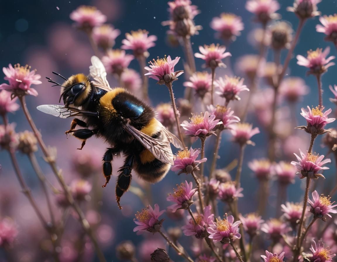 Macro Bumblebee in Deep Blue Space with Ethereal Light