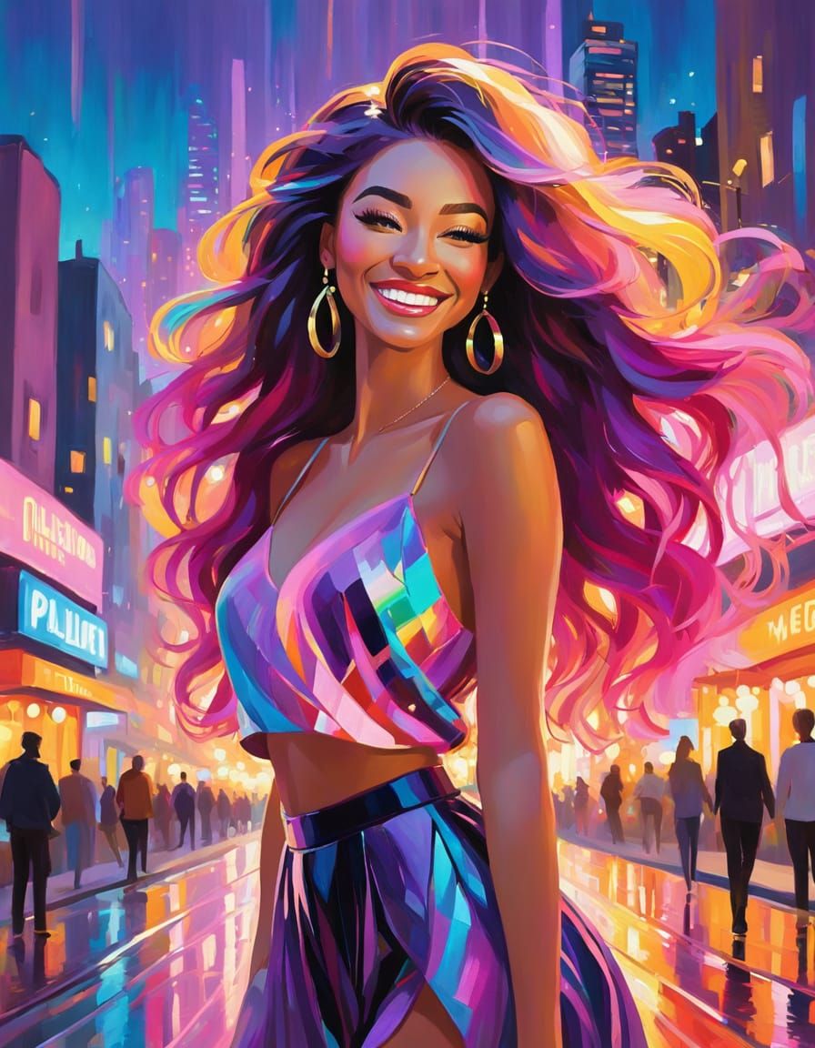 A young woman with a big smile and flowing hair