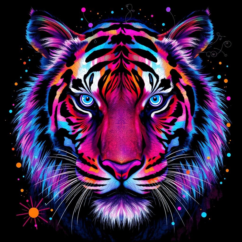 Fluorescent Mosaic Tiger Portrait in Abstract Style