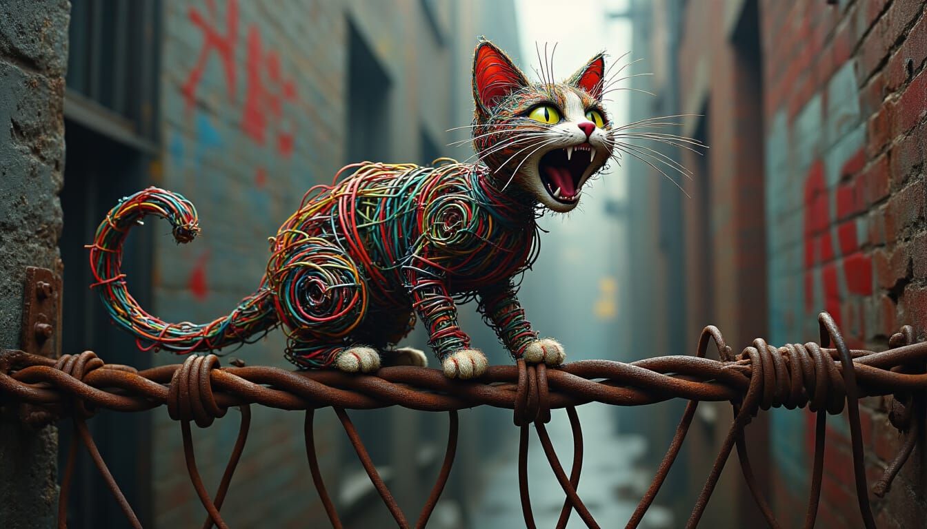 Chaotic Wire Cat on Rusted Fence in Surreal Style