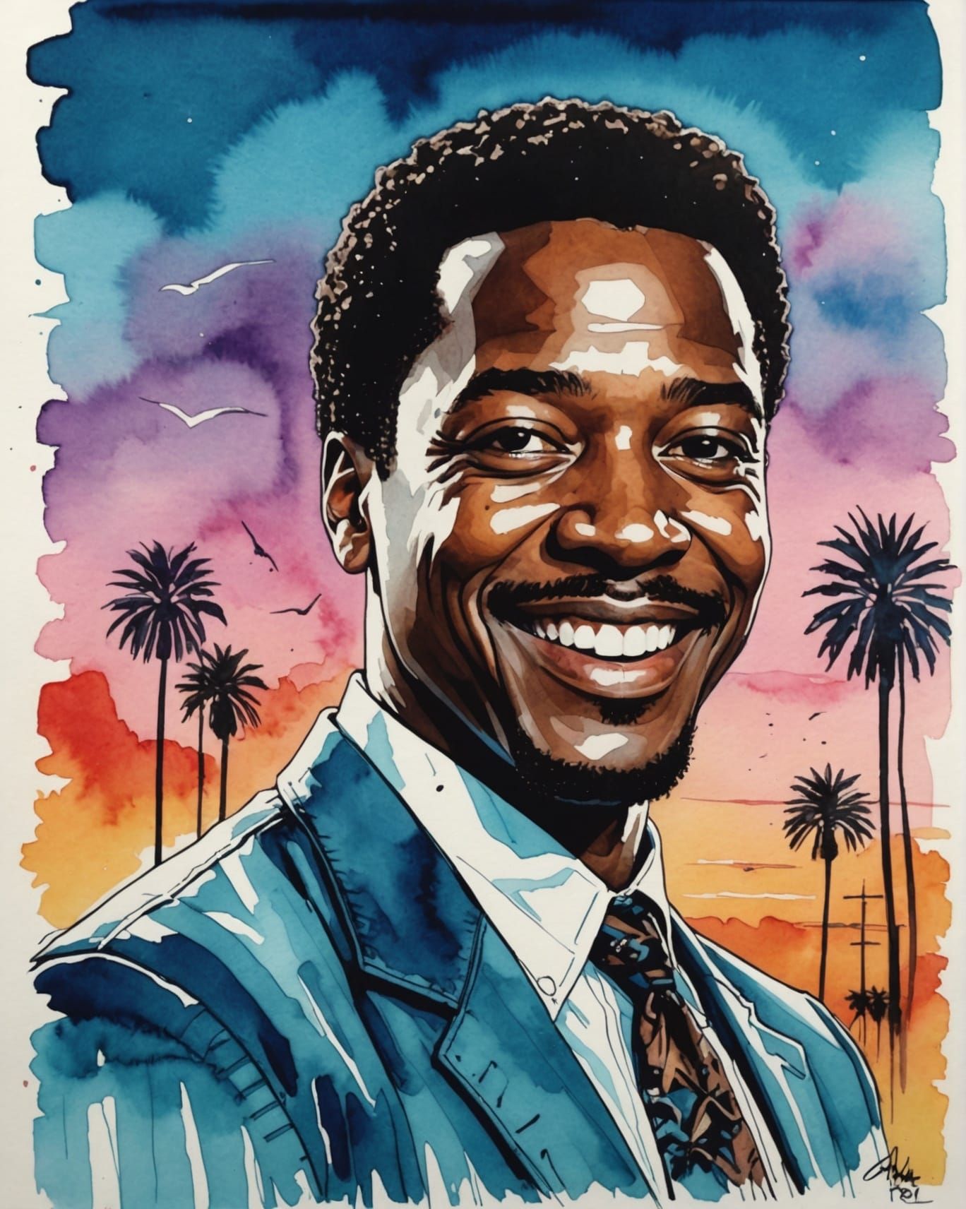 Axel Foley Portrait with Wide Smile in Surreal Ink