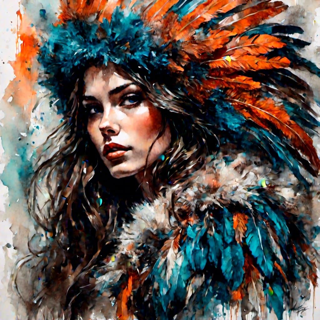 Impressionistic Sketch Portrait of Brunette Girl with Feathe...