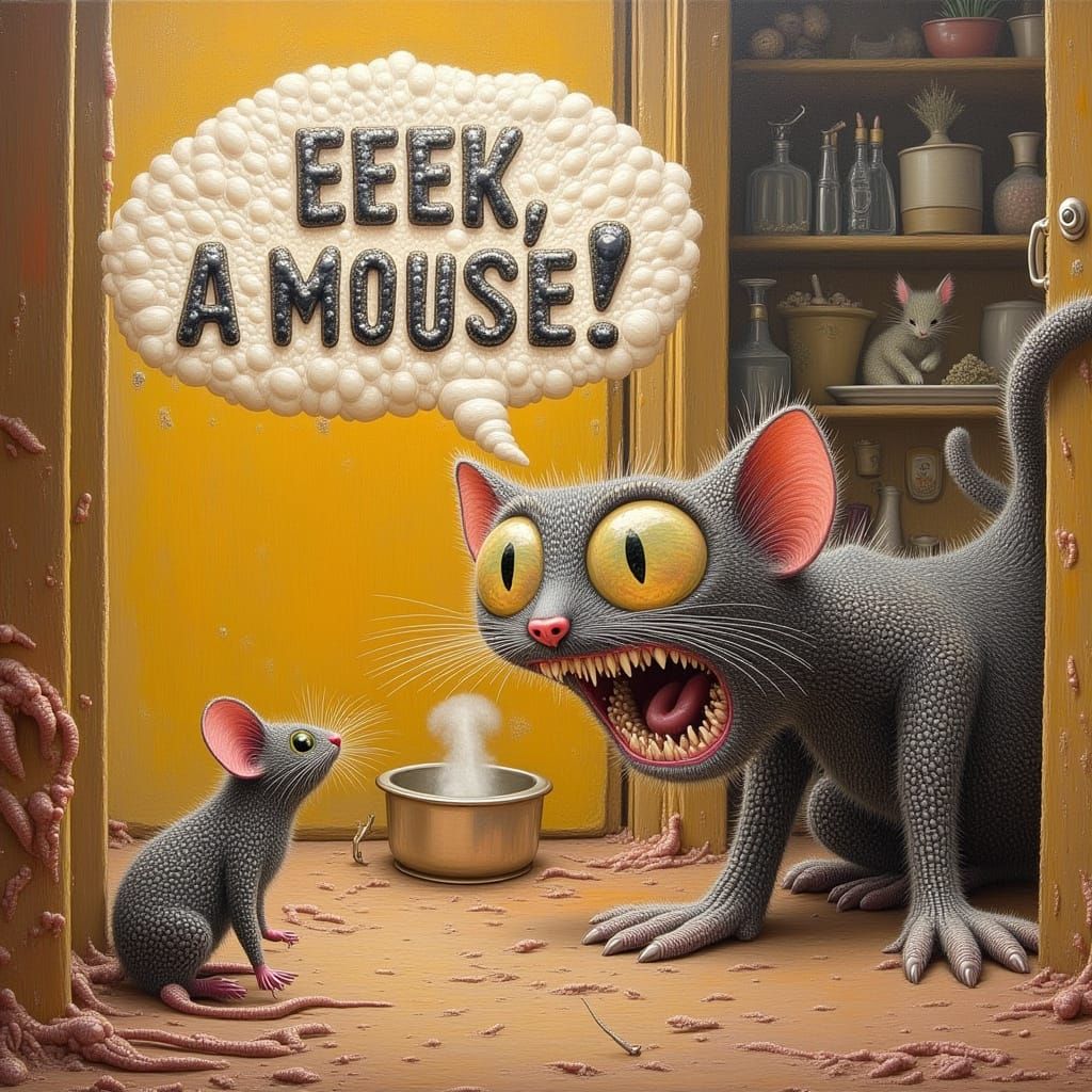 Cat Cornered by Two-Headed Mouse, Oil Painting