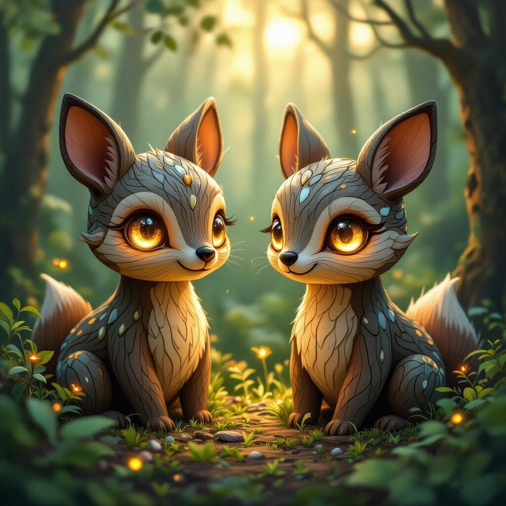 Whimsical Wooden Animals in a Fantasy Forest