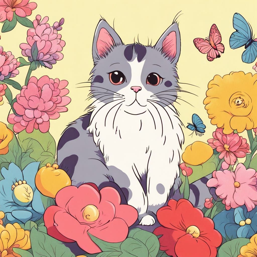 Cat on Pillow with Flowers in Seuss Style