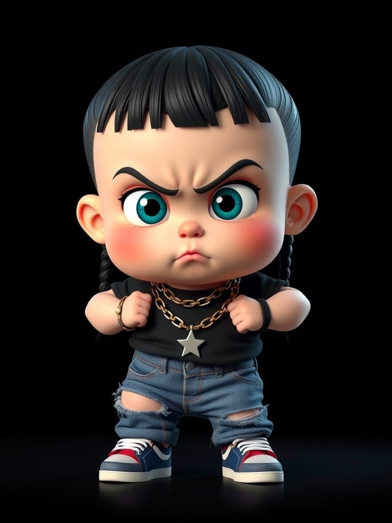 Offended Baby in Pixar Style with Chains and Ripped Jeans