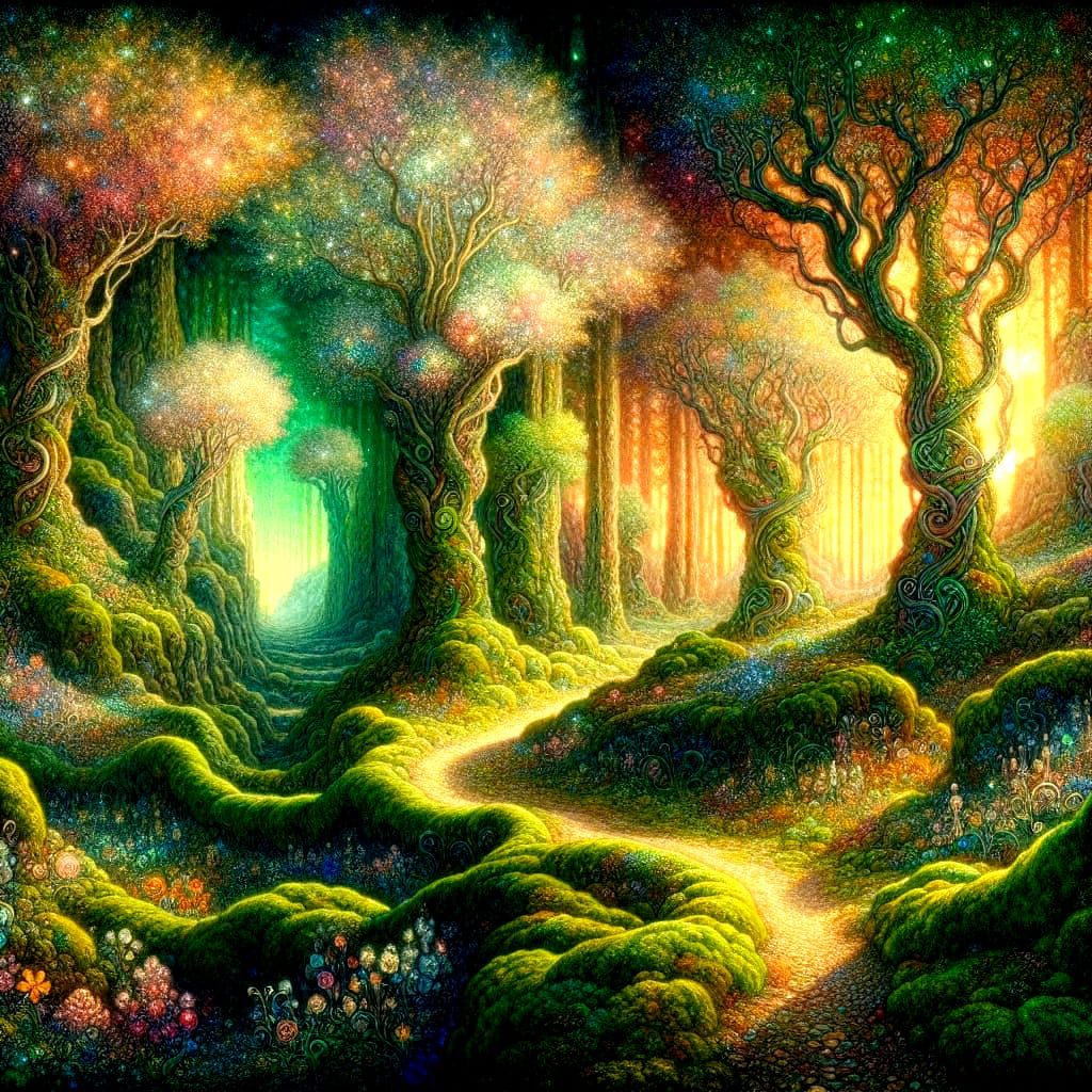 Whispers of ancient magic seep through the lush forest, verd...