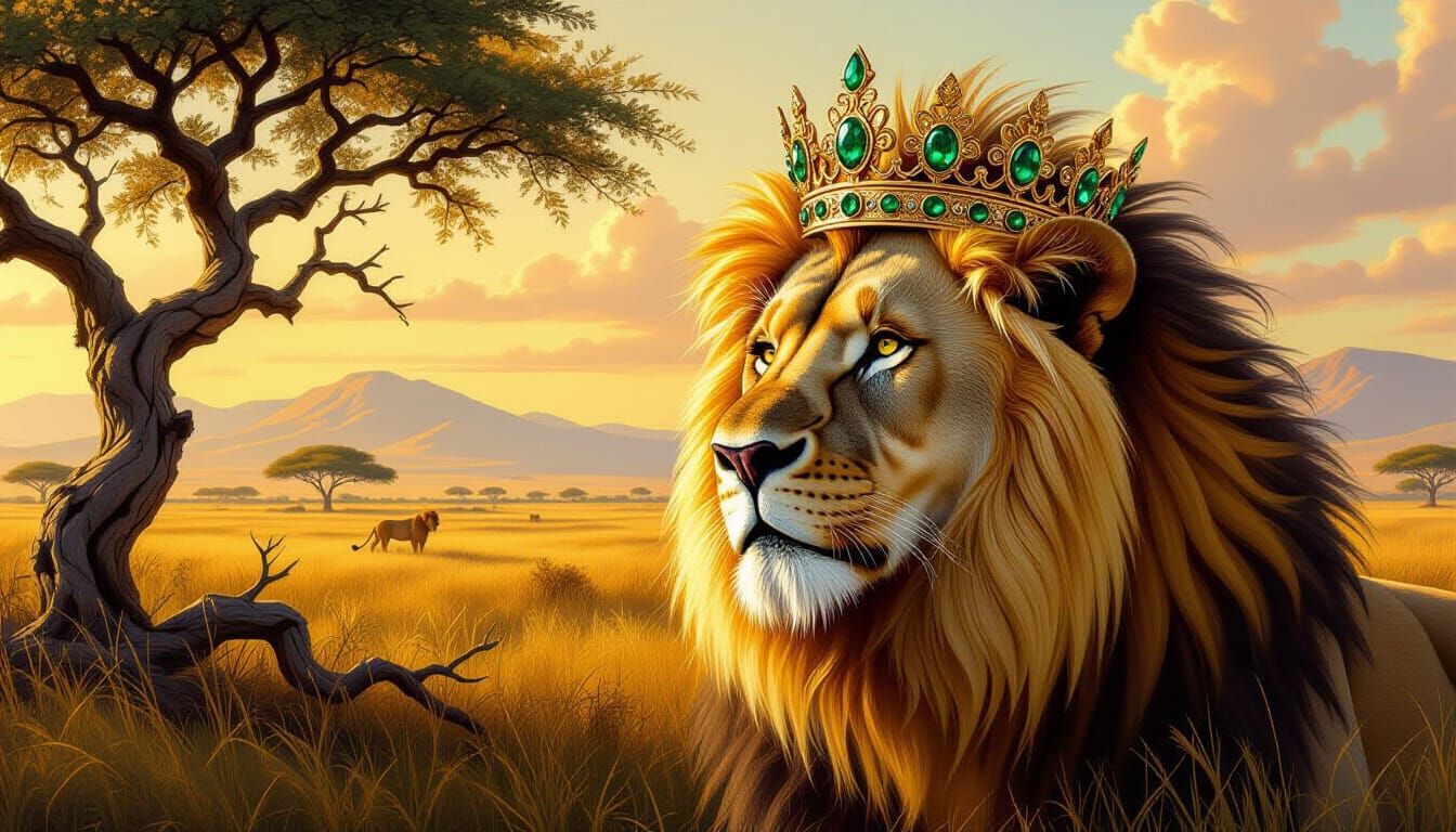 Majestic Lion King Surveys Golden Savanna Kingdom
