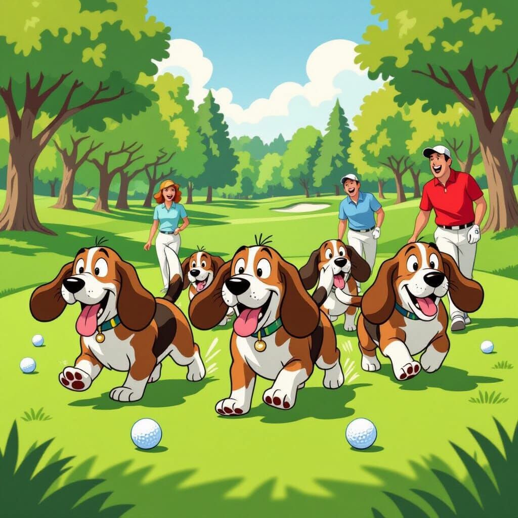 Basset Hounds Chase Golf Balls in Funny Cartoon Style