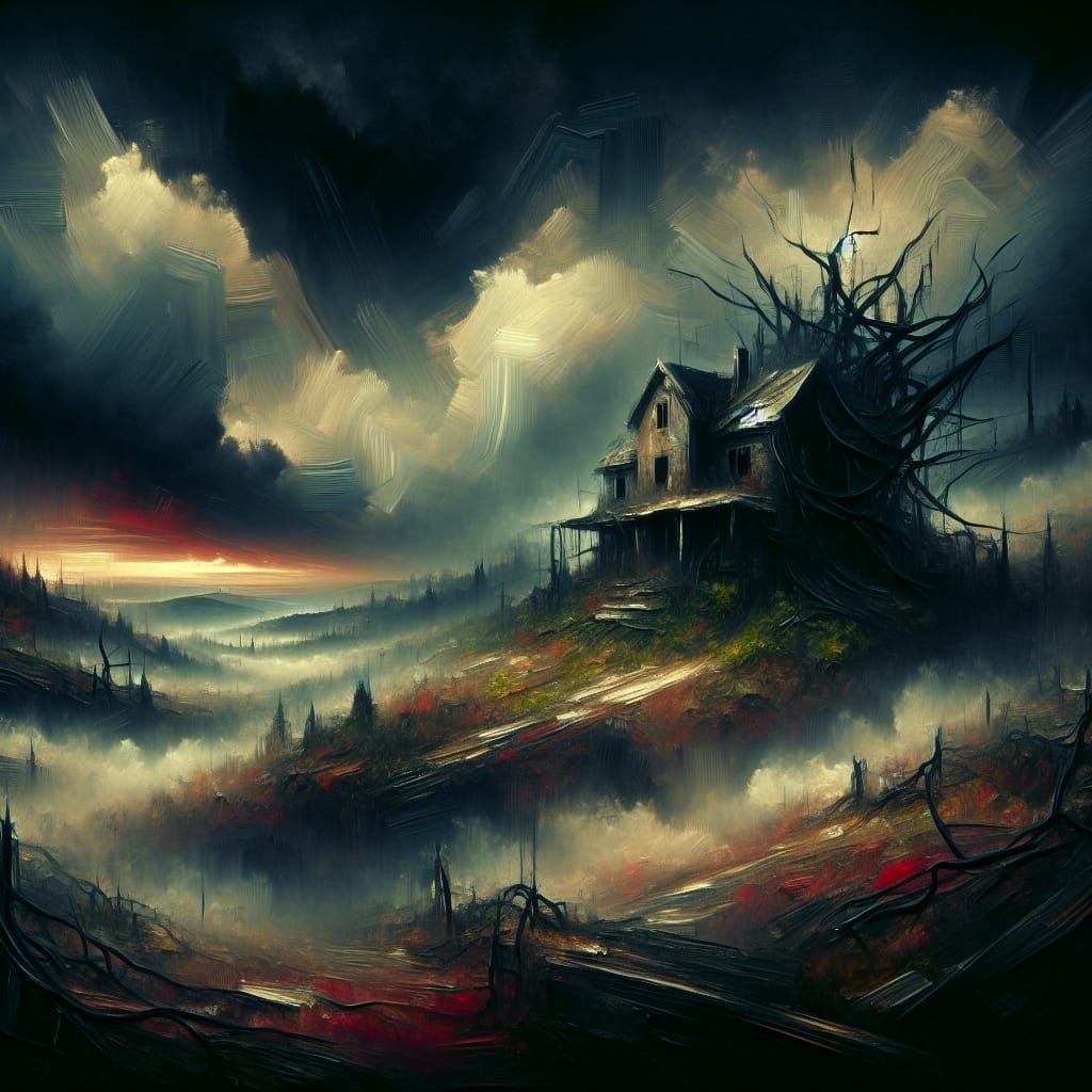 Ominous Abandoned House on Hill in Impasto Oil