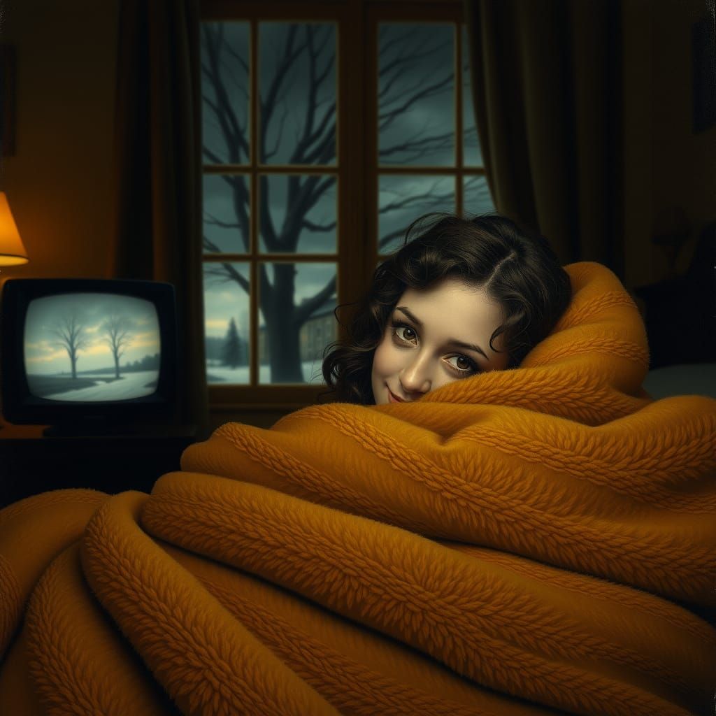 Woman Under Blanket, Oil Painting in 19th-Century Style