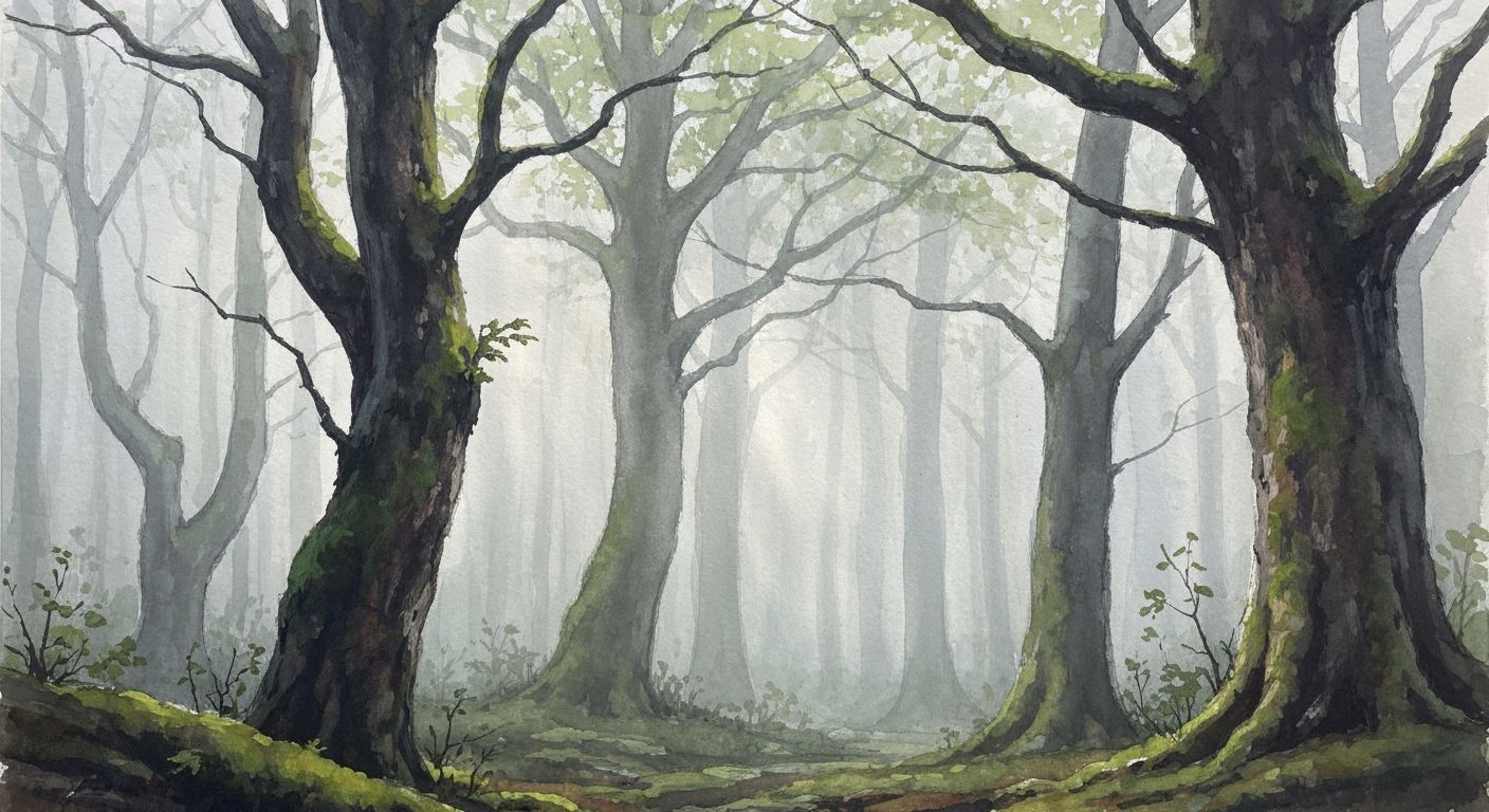 Misty Ancient Forest in Expressive Watercolor Style