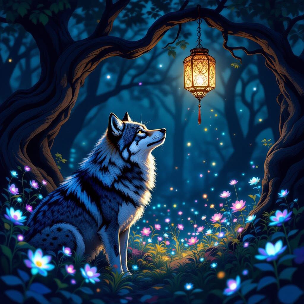 Bioluminescent Wolf in Enchanted Forest, Digital Art