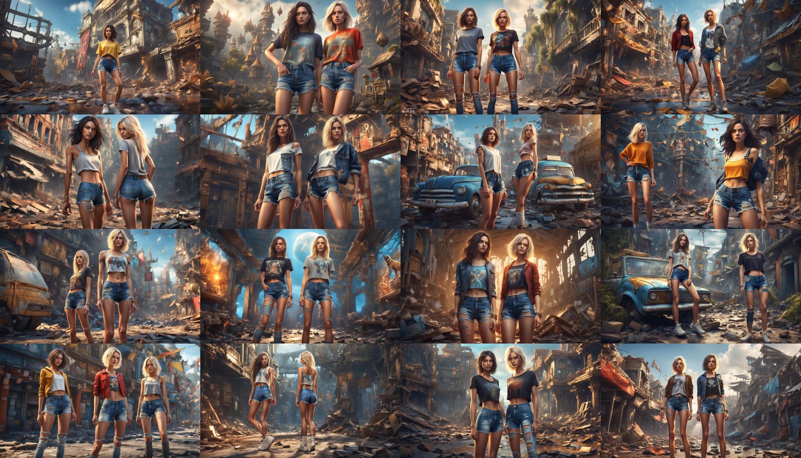 Blonde and Brunette in Ripped Jeans, Detailed Matte Painting