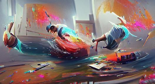 Artist Jumping into Painting: Digital Art