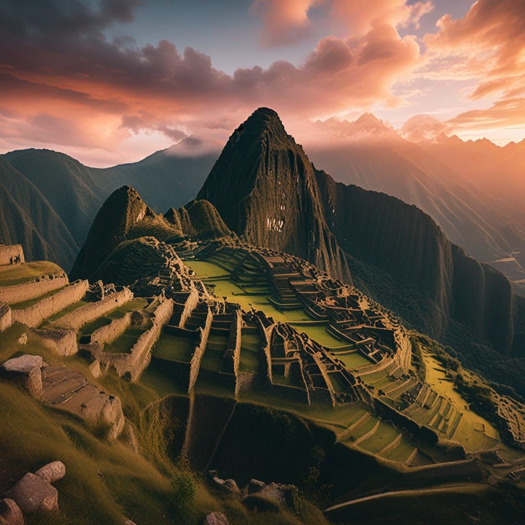 Le machu Picchu, avec coucher de soleil rouge