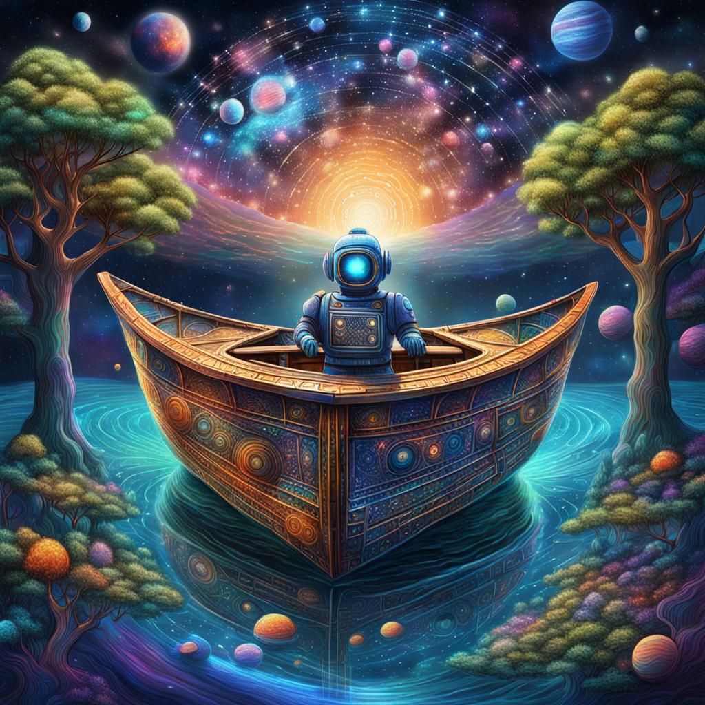 Cosmic Boat of Wonder: Holographic Astral Illustration