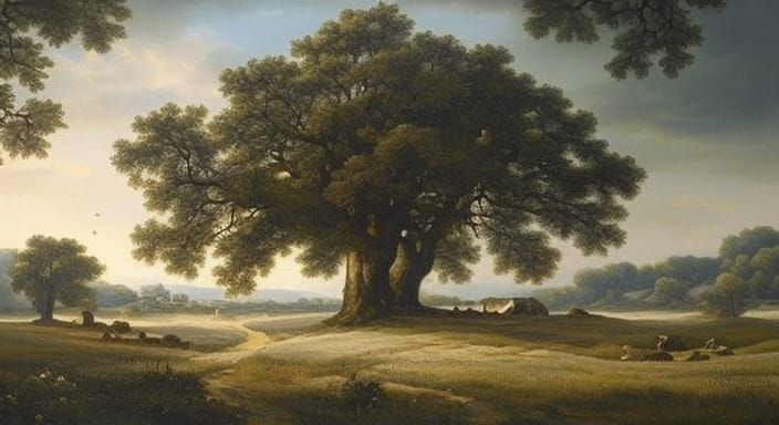 Medieval Farmhouses Under Oak Tree: Rustic Painting