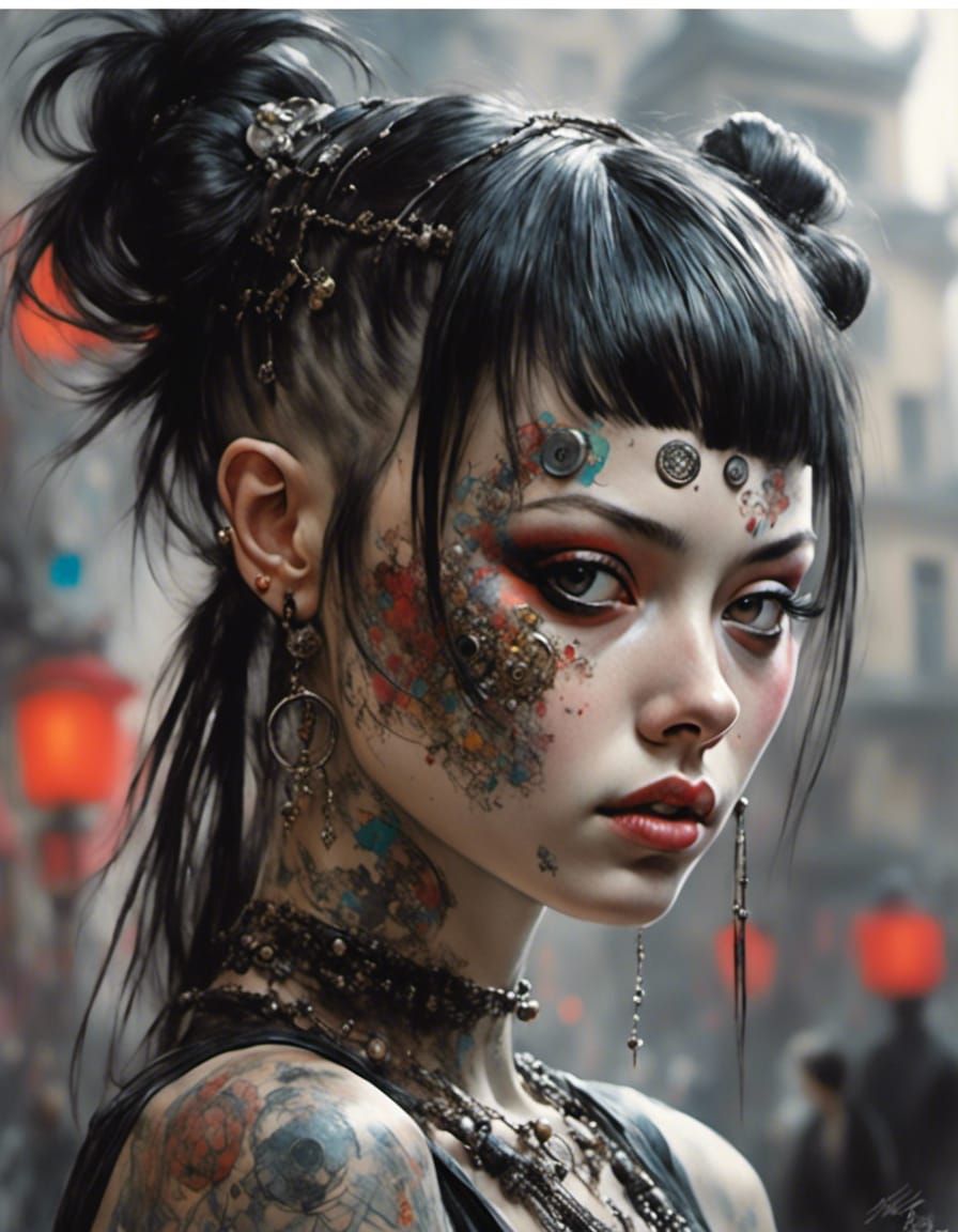 <lora:monstyle3:1.0> Beautiful Japanese girl with funky hair, bangs,  punk rock, pony tail, face tattoos, button nose go...
