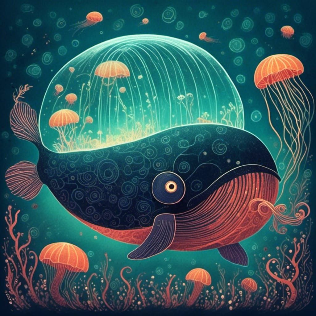 Glowing Glass Whale in Bioluminescent Ocean