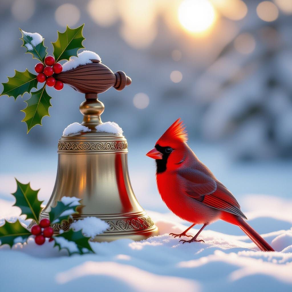 Vibrant Red Cardinal Beside Golden Bell in Winter Snow