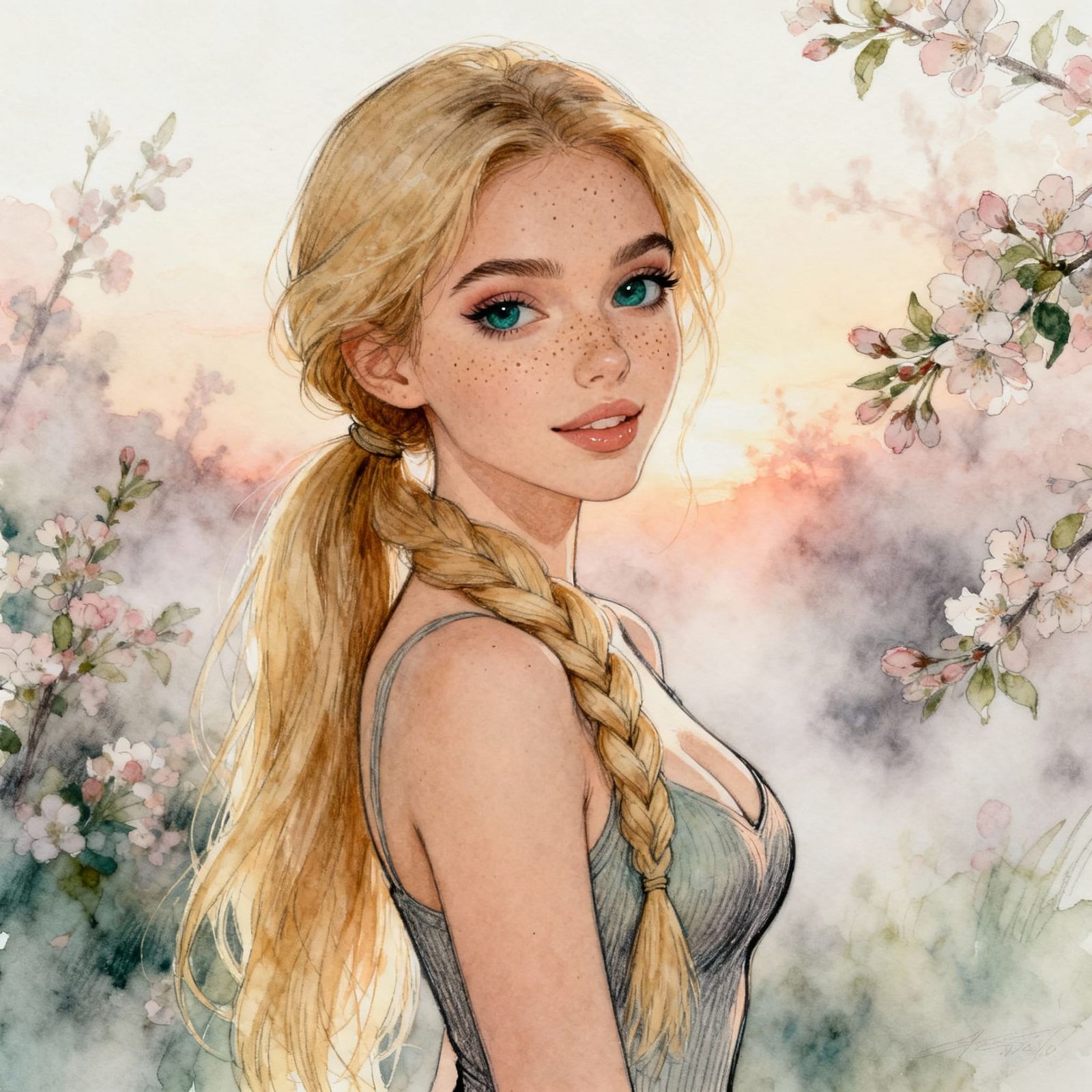 Pretty Woman with Freckles in Misty Sunrise