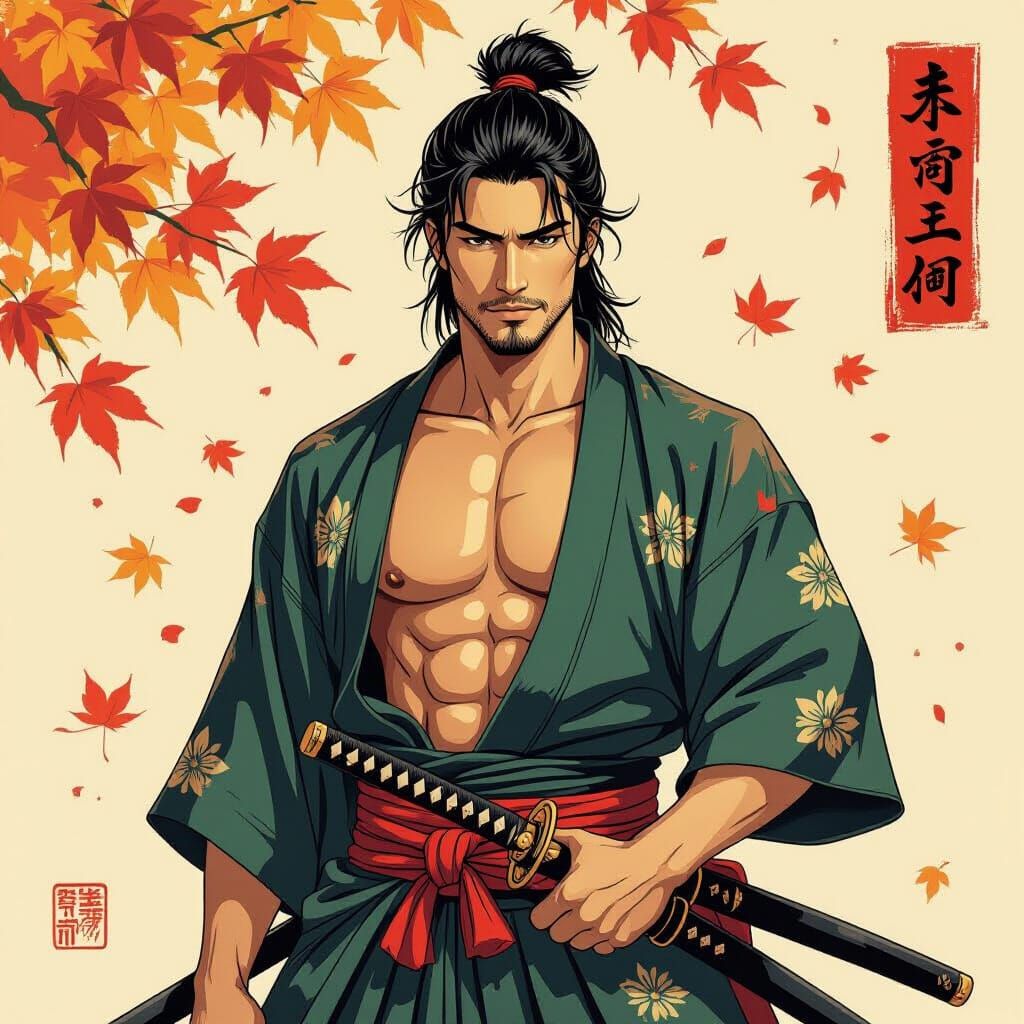 Shirtless Samurai in Inksplash Style with Autumnal Theme