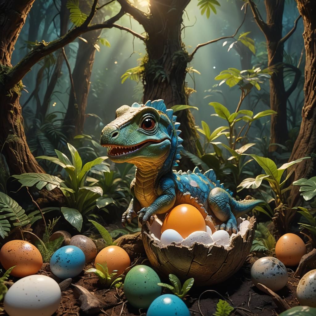 Baby Dinosaur Hatching in Prehistoric Jungle