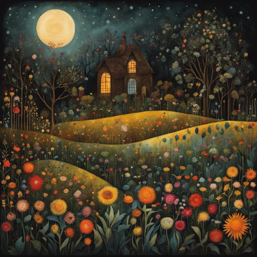 Sunlit Garden Blooms in Dark Backyard: Impressionist Art