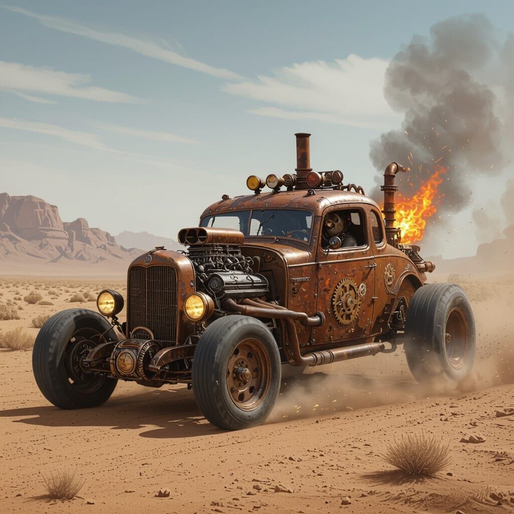 A steampunk rat rod powered by a massive, exposed engine, te...