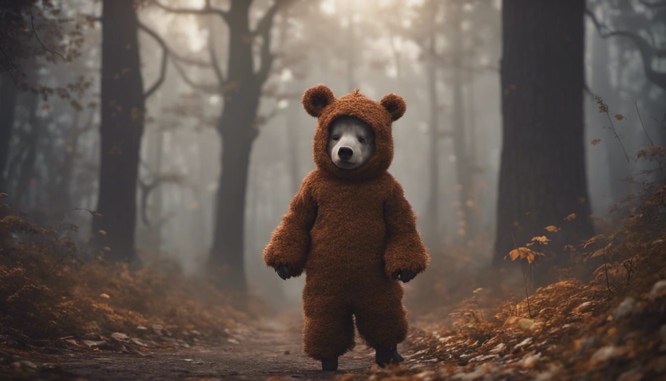 Toddler Bear Costume in Foggy Forest, 3D Render