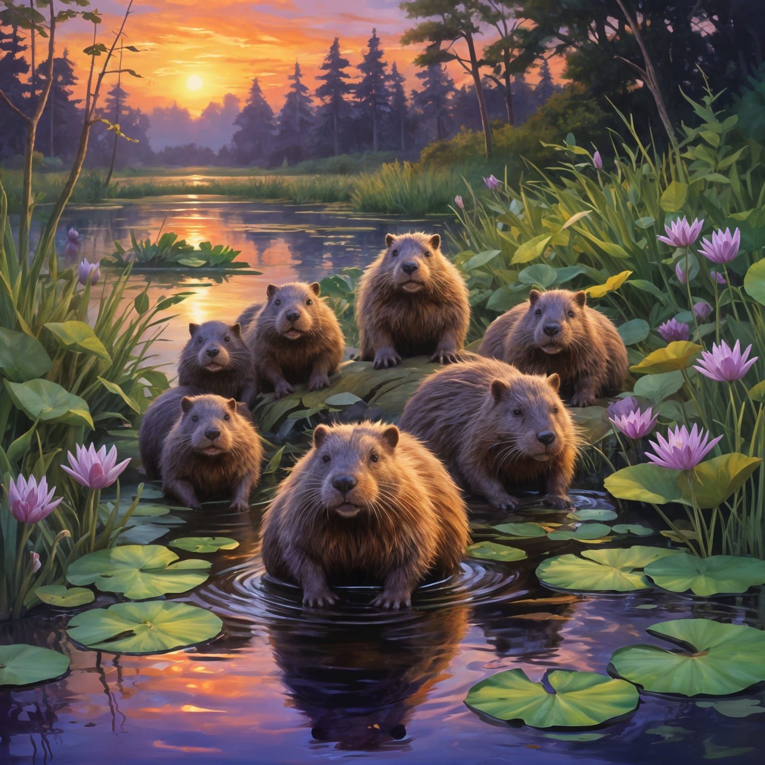 Purple Sunset Beavers in Serene Pond Landscape