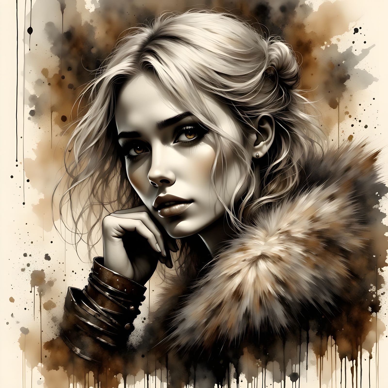 Norse Goddess Portrait in Charcoal Ink Style