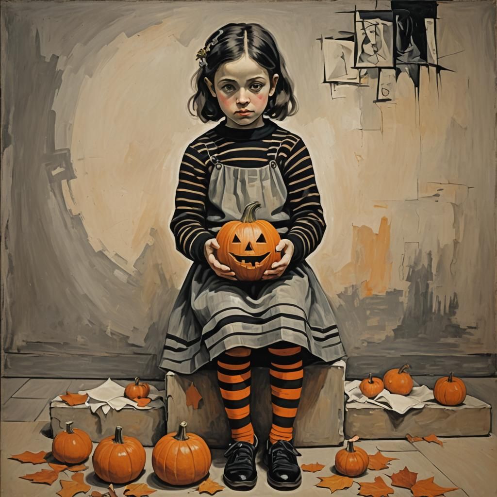 Girl Carving Pumpkin in Cubist Style
