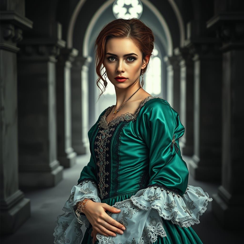 Medieval Woman in Monochrome Castle, HDR Photography