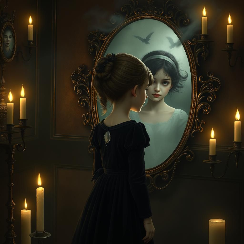 Victorian Girl in Candlelight Mirror, Atmospheric Realism