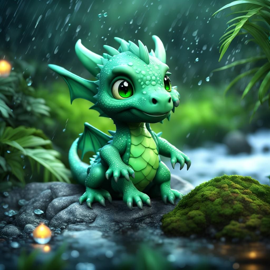 Cute Chibi Ice Dragon in Tropical Forest